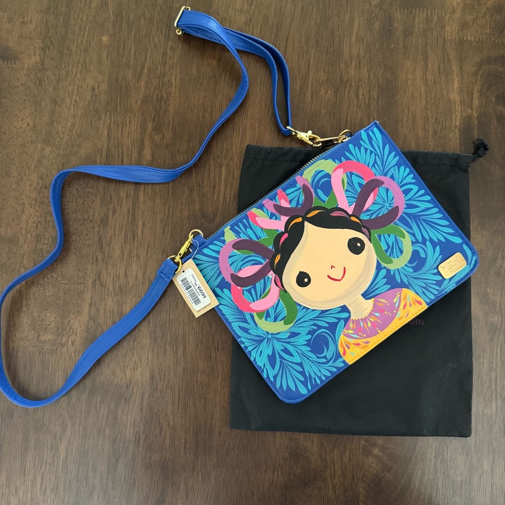 Blue Crossbody Bag hand painted with Adjustable Strap and Playful Design